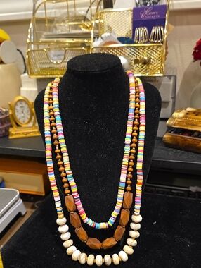 Vintage Multicolor Bead & Brown Wood Layered Necklace